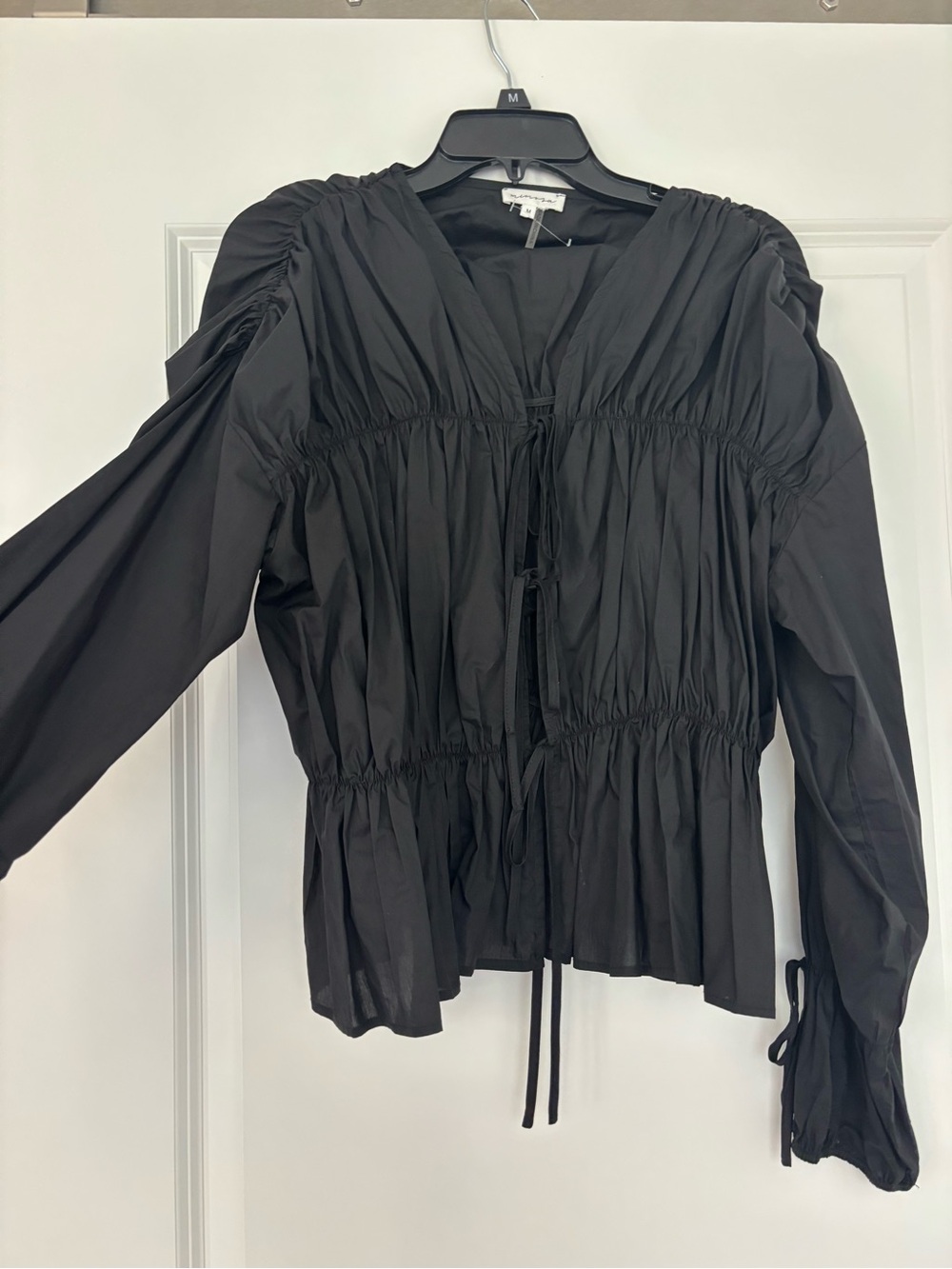 Women's Black Ruched Tie-Front Blouse